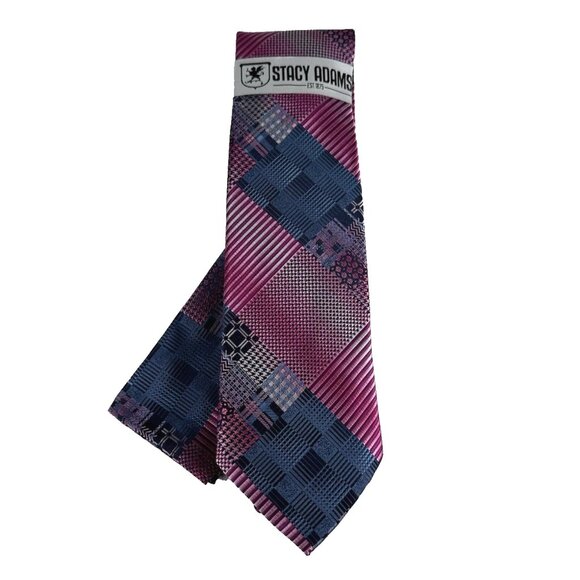 Stacy Adams Men's Tie Hanky Set Fushia Cobalt Blue Plaids Checks Microfiber New - Picture 5 of 5